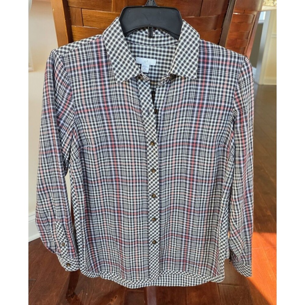 J Jill Button Front Shirt Womens XS Long Sleeve Black Plaid Check Cotton Top